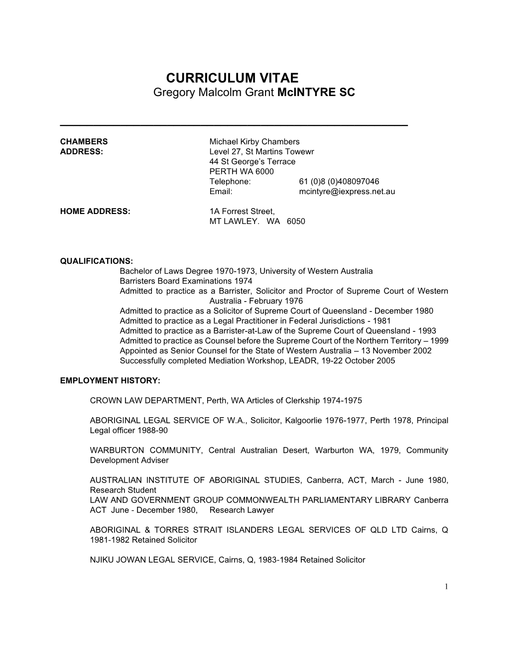 CURRICULUM VITAE Gregory Malcolm Grant Mcintyre SC