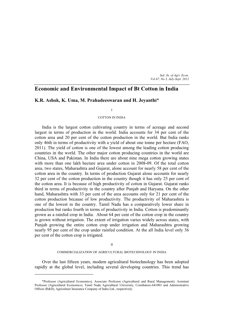 Economic and Environmental Impact of Bt Cotton in India