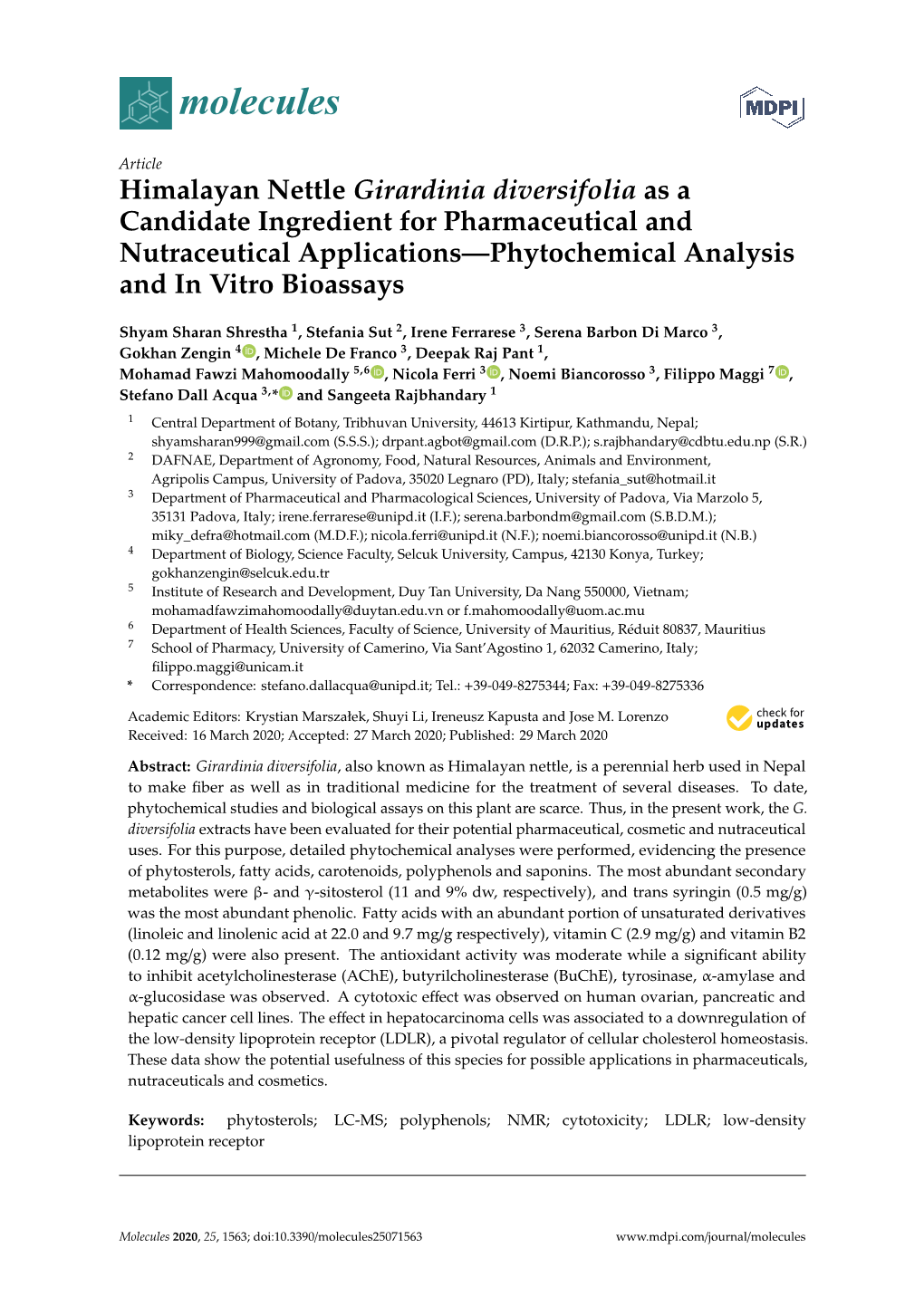 Himalayan Nettle Girardinia Diversifolia As a Candidate Ingredient for Pharmaceutical and Nutraceutical Applications—Phytochemical Analysis and in Vitro Bioassays