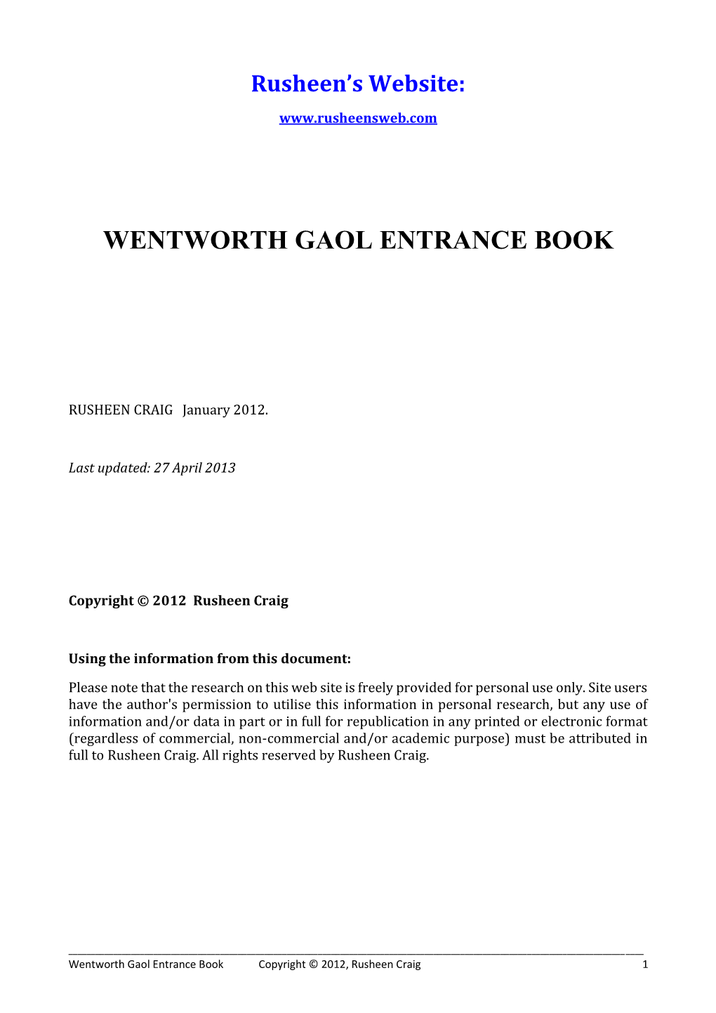 Wentworth Gaol Entrance Book