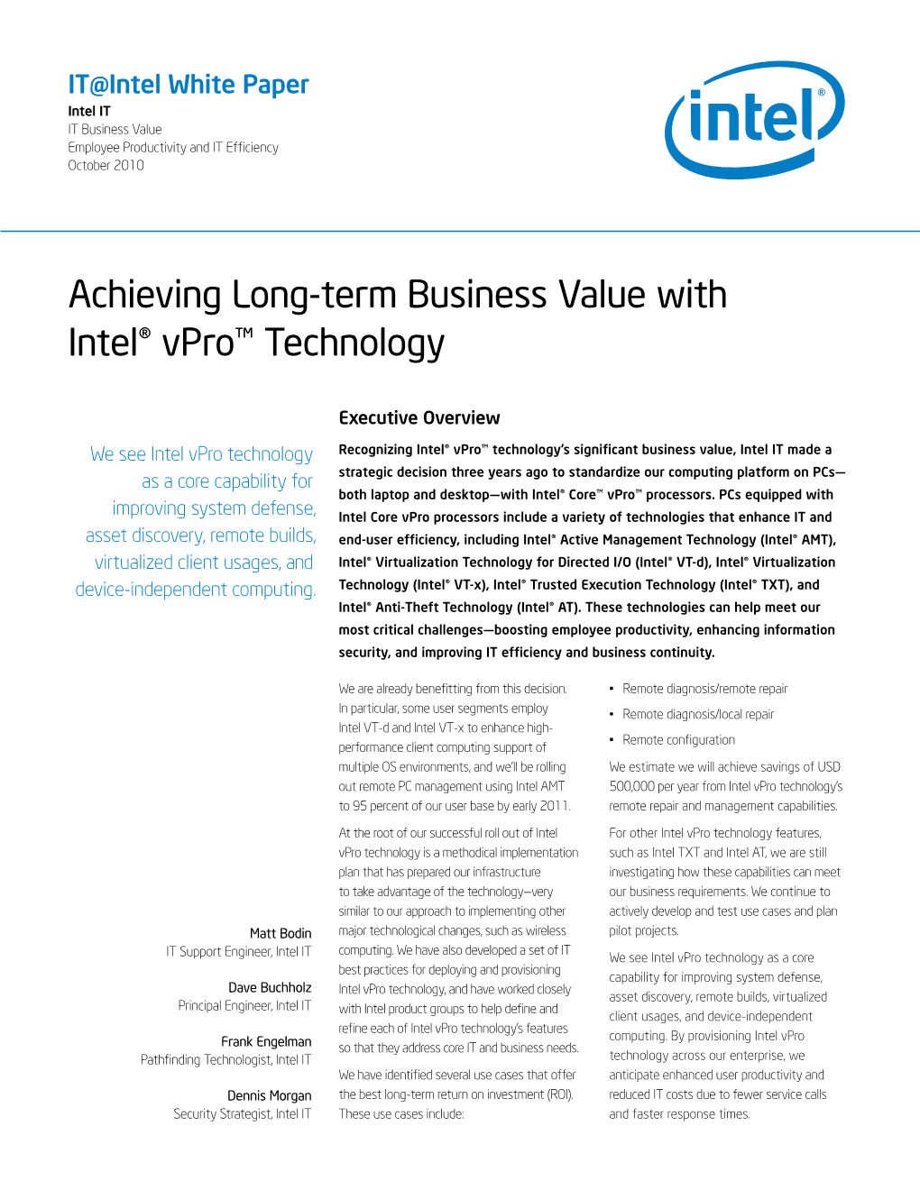 Achieving Long-Term Business Value with Intel® Vpro™ Technology