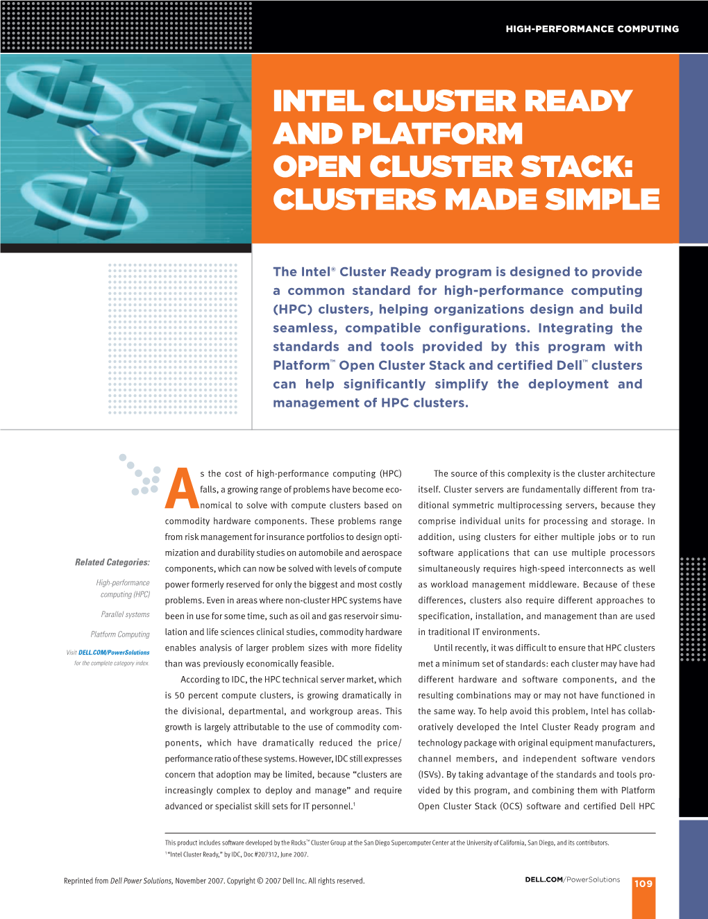 Intel Cluster Ready and Platform Open Cluster Stack: Clusters Made Simple