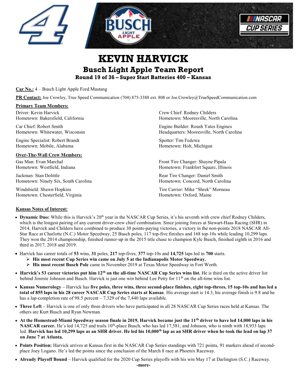 KEVIN HARVICK Busch Light Apple Team Report Round 19 of 36 – Super Start Batteries 400 – Kansas