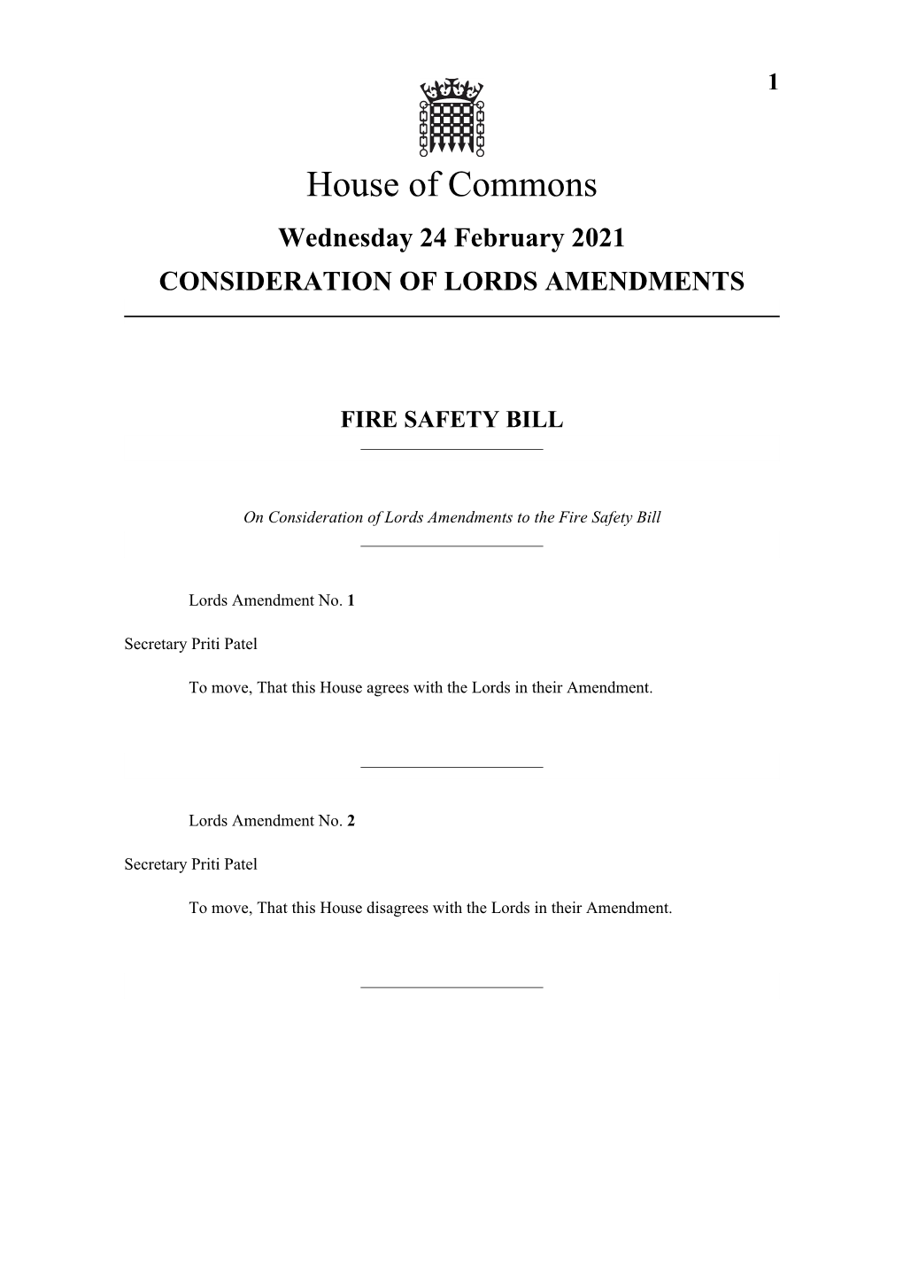 House of Commons Wednesday 24 February 2021 CONSIDERATION of LORDS AMENDMENTS