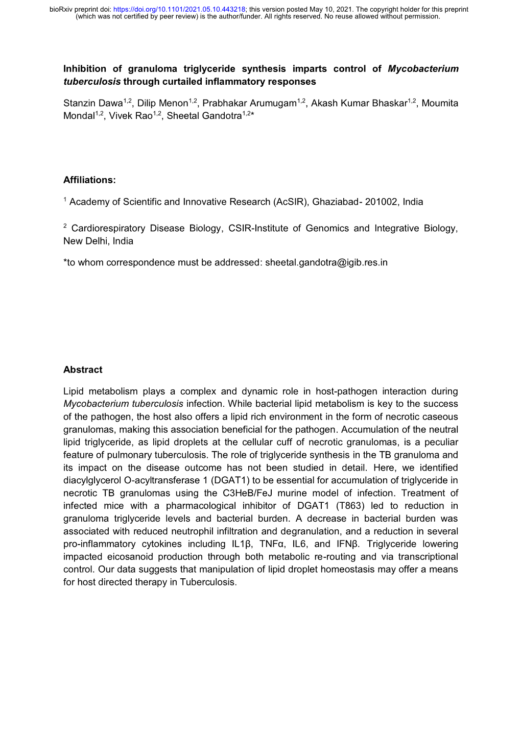 Inhibition of Granuloma Triglyceride Synthesis Imparts Control of Mycobacterium Tuberculosis Through Curtailed Inflammatory Responses