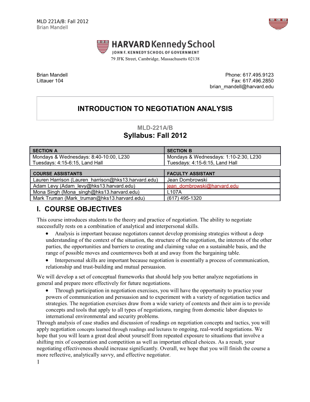 KSG STM-221 a Introduction to Negotiation Analysis