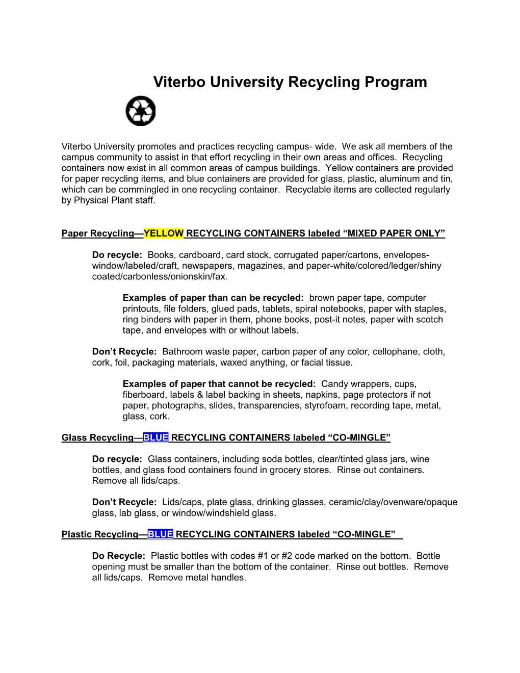 Viterbo University Recycling Program