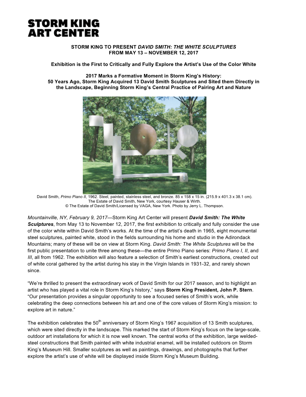 Storm King to Present David Smith: the White Sculptures from May 13 – November 12, 2017