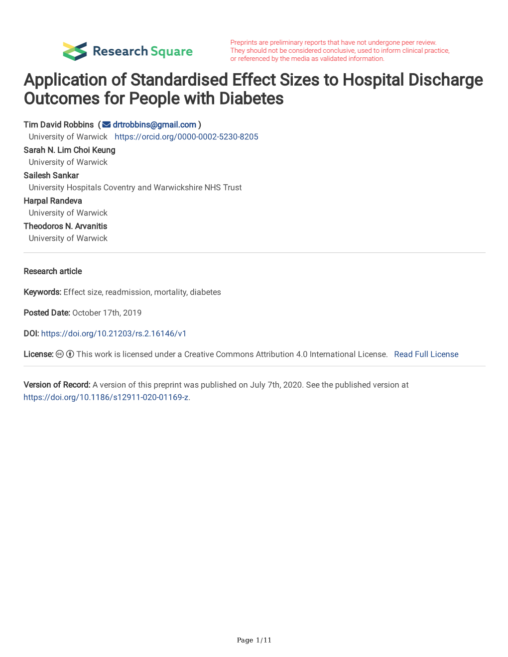 Application of Standardised Effect Sizes to Hospital Discharge Outcomes for People with Diabetes