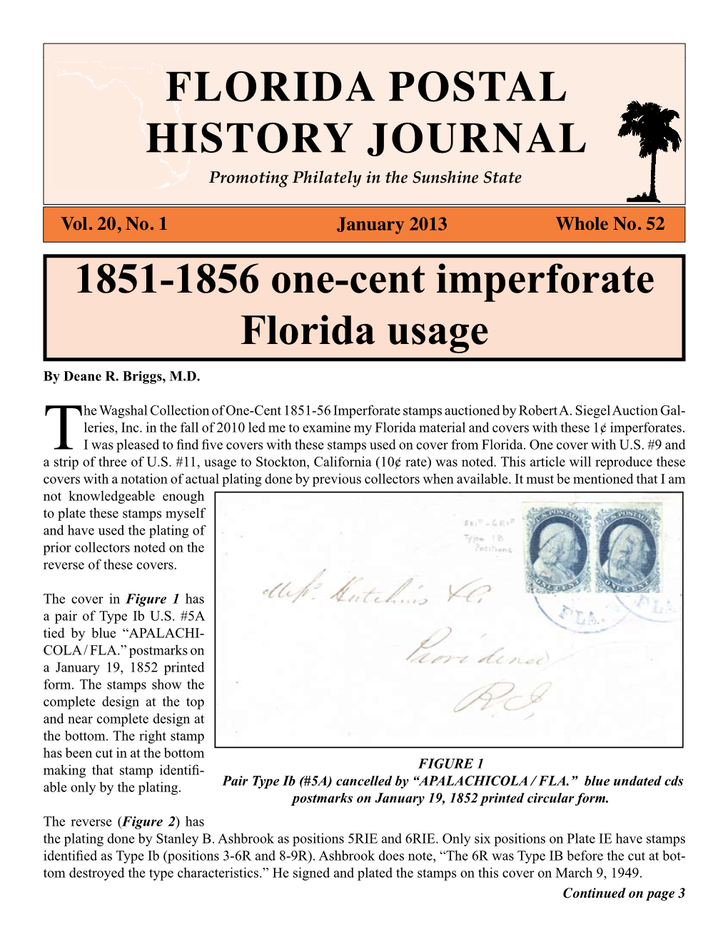 FLORIDA POSTAL HISTORY JOURNAL 1851-1856 One-Cent