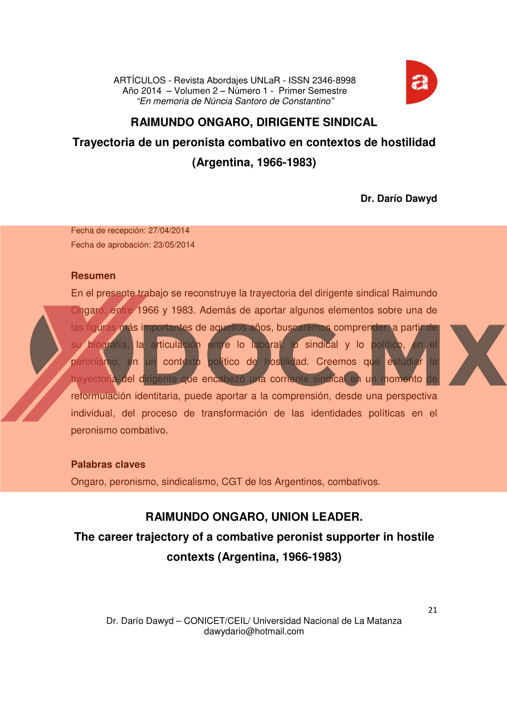 RAIMUNDO ONGARO, DIRIGENTE SINDICAL Trayectoria De Un