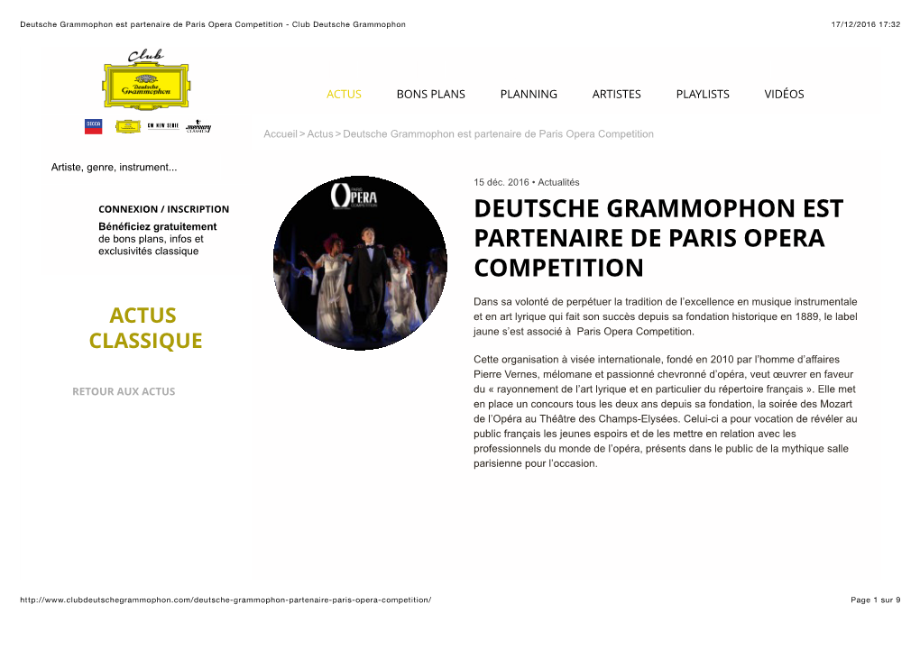 Deutsche Grammophon Est Partenaire De Paris Opera Competition - Club Deutsche Grammophon 17/12/2016 17:32