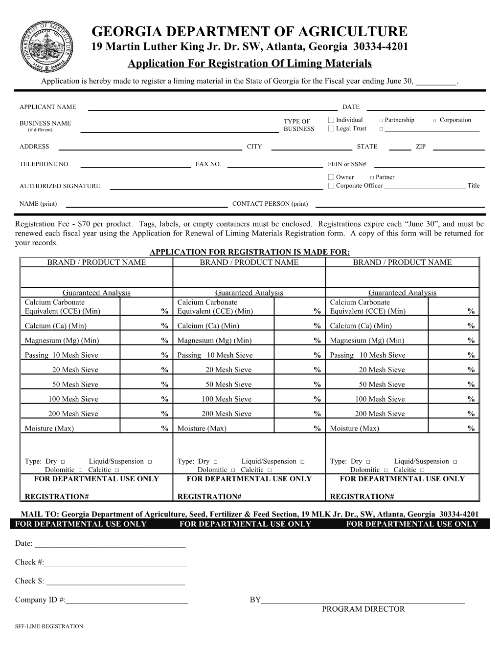 Application for Registration of Liming Materials