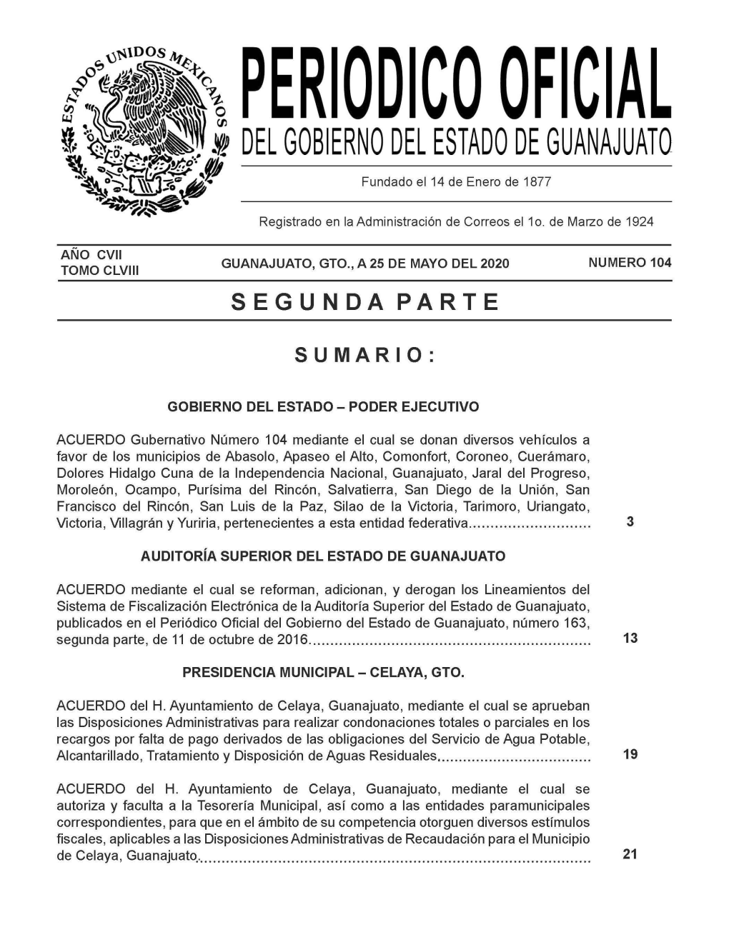 Del Gobierno Del Estado De Guanajuato , Número 163, Segunda Parte , De 11 De Octubre De 2016
