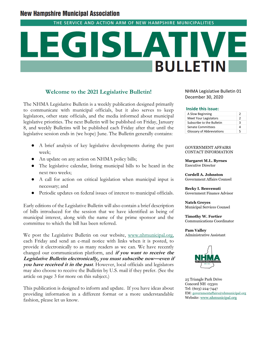 Welcome to the 2021 Legislative Bulletin!