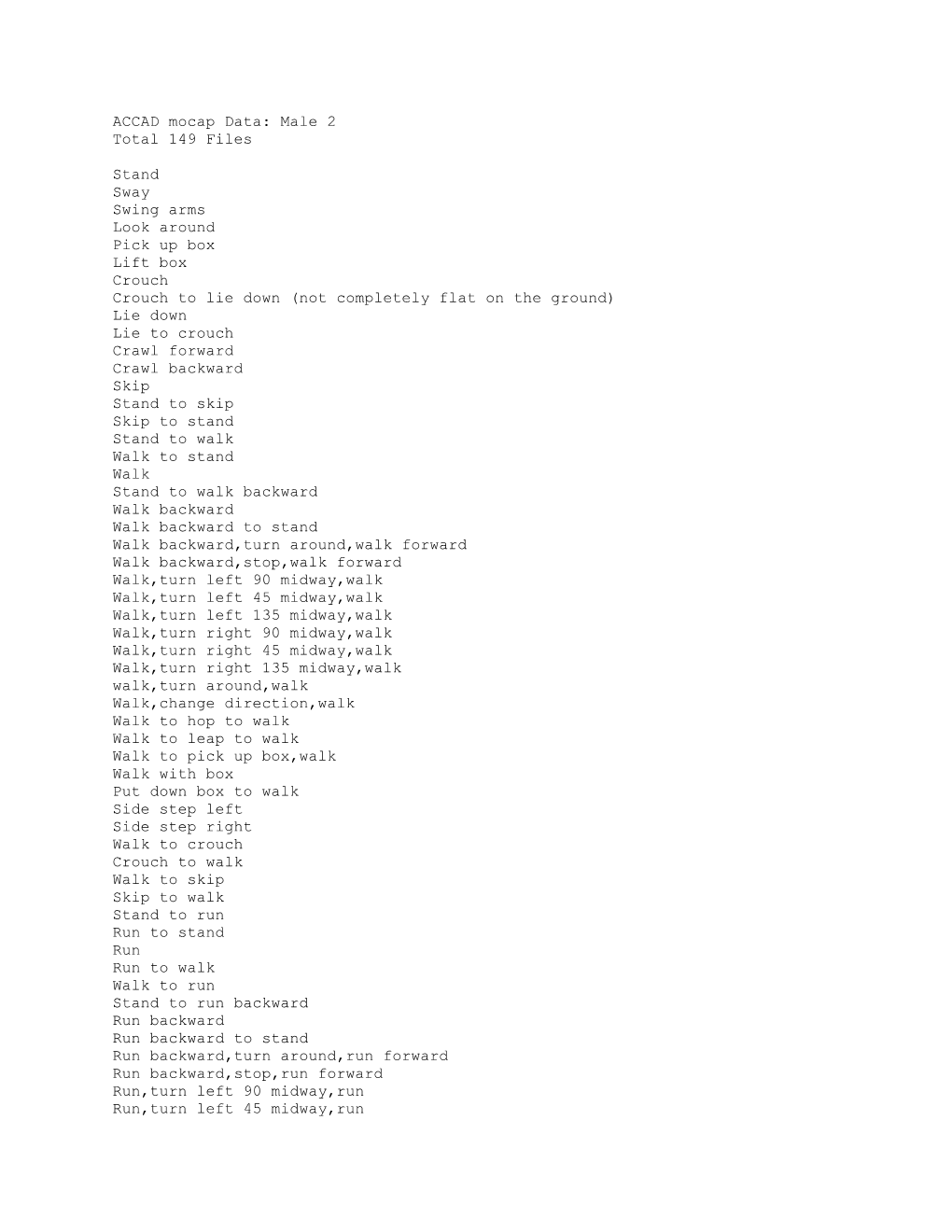 ACCAD Mocap Data: Male 2 Total 149 Files Stand Sway Swing Arms