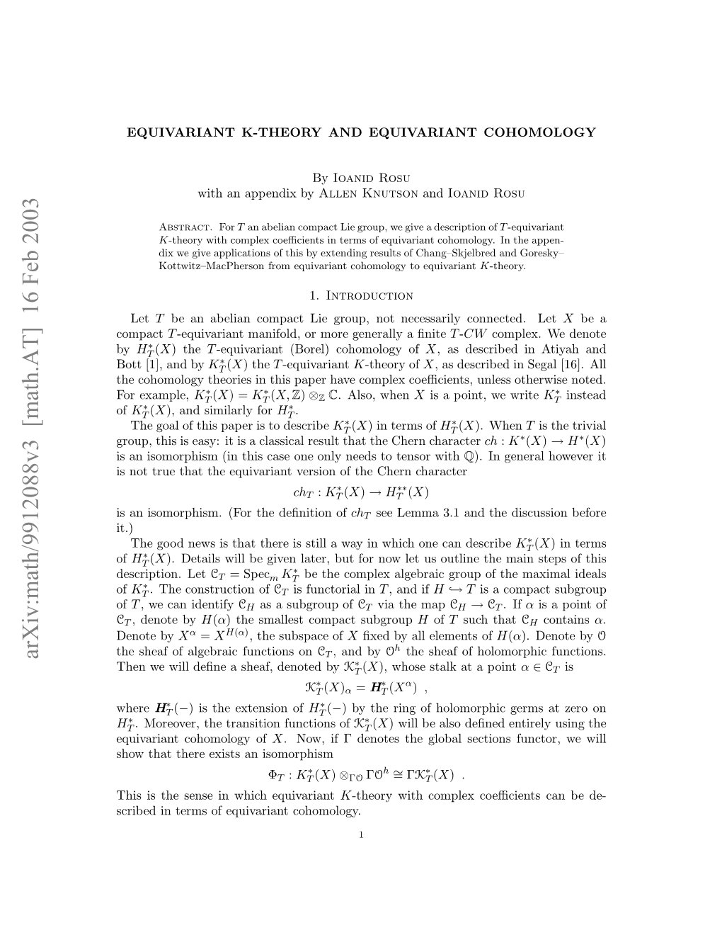 Arxiv:Math/9912088V3 [Math.AT] 16 Feb 2003 Hsi H Es Nwihequivariant Which in Sense the Is This Cie Ntrso Qiain Cohomology