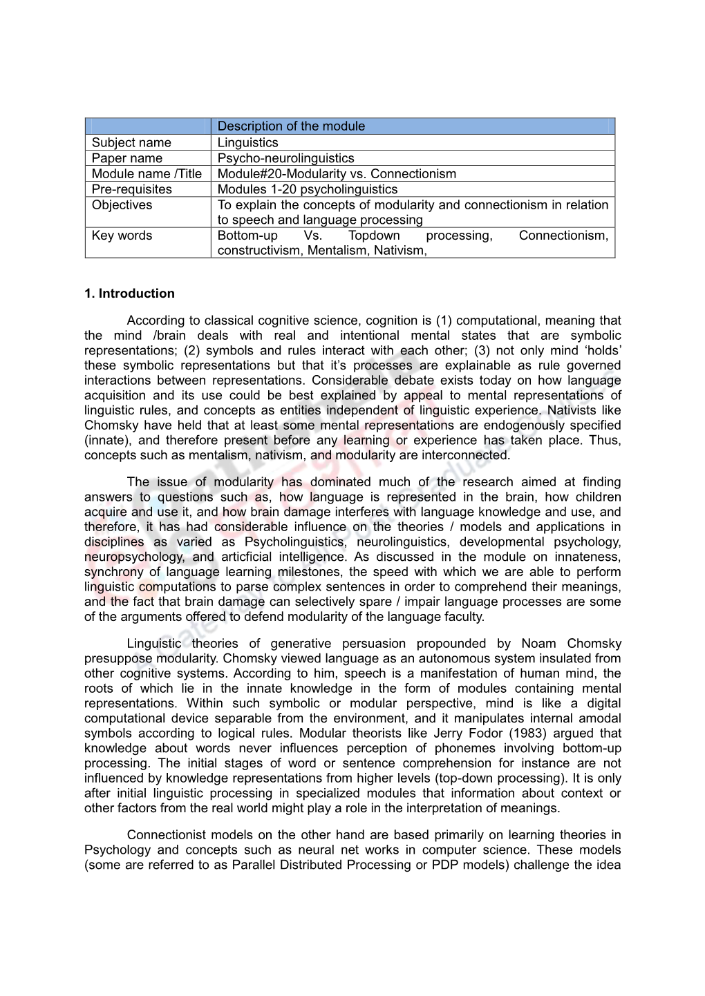 Description of the Module Subject Name Linguistics Paper Name Psycho-Neurolinguistics Module Name /Title Module#20-Modularity Vs