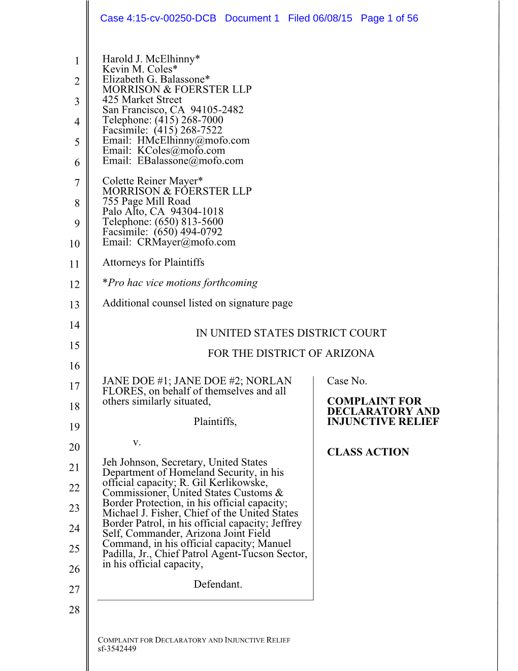 COMPLAINT for DECLARATORY and INJUNCTIVE RELIEF Sf-3542449 Case 4:15-Cv-00250-DCB Document 1 Filed 06/08/15 Page 2 of 56