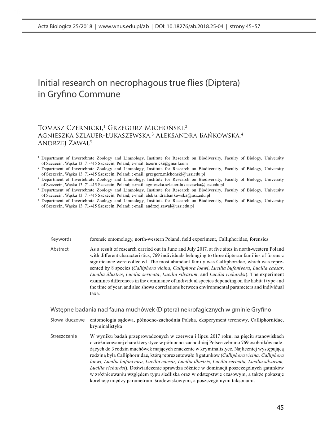 Initial Research on Necrophagous True Flies (Diptera) in Gryfino Commune