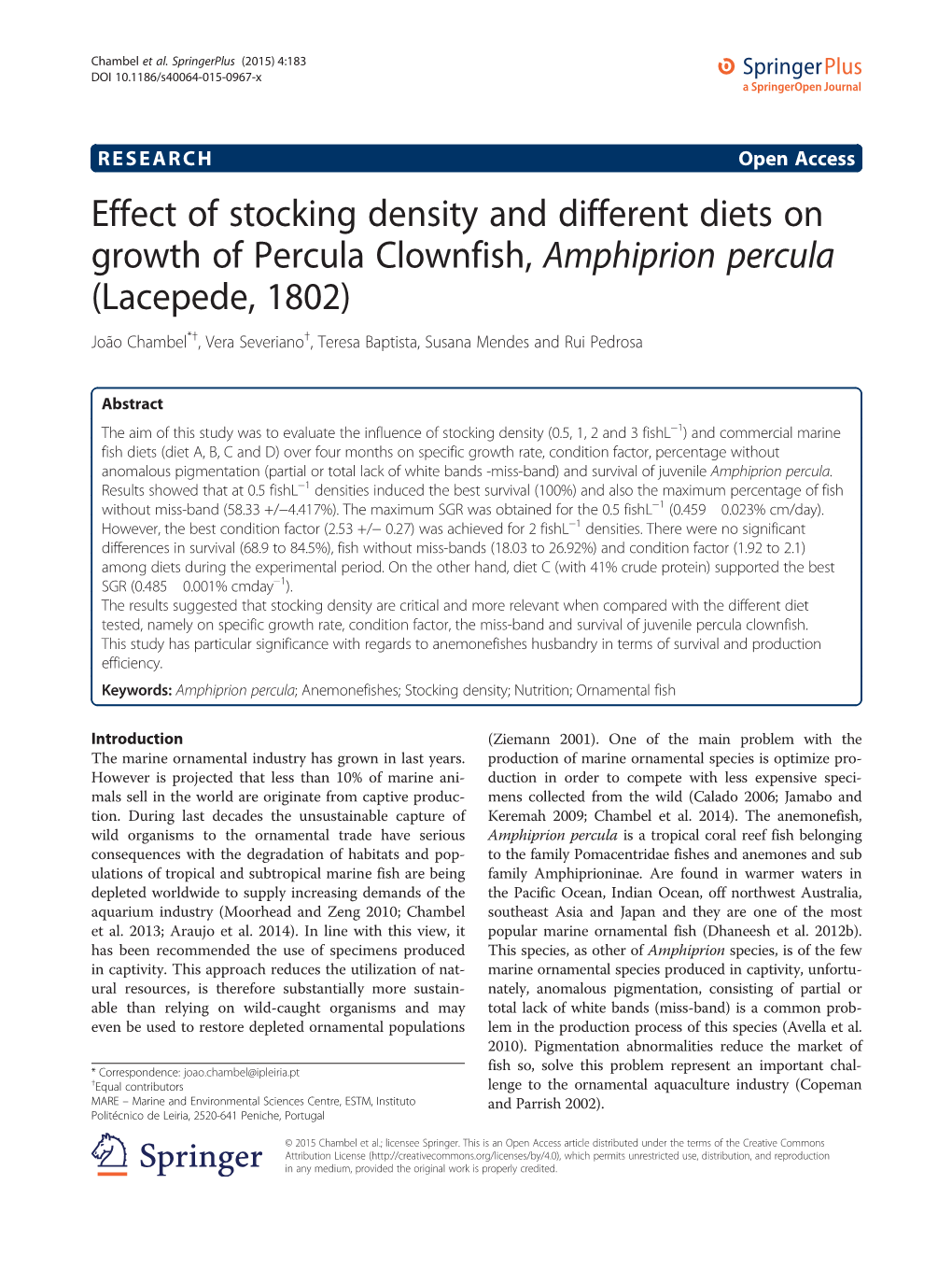 Effect of Stocking Density and Different Diets on Growth of Percula