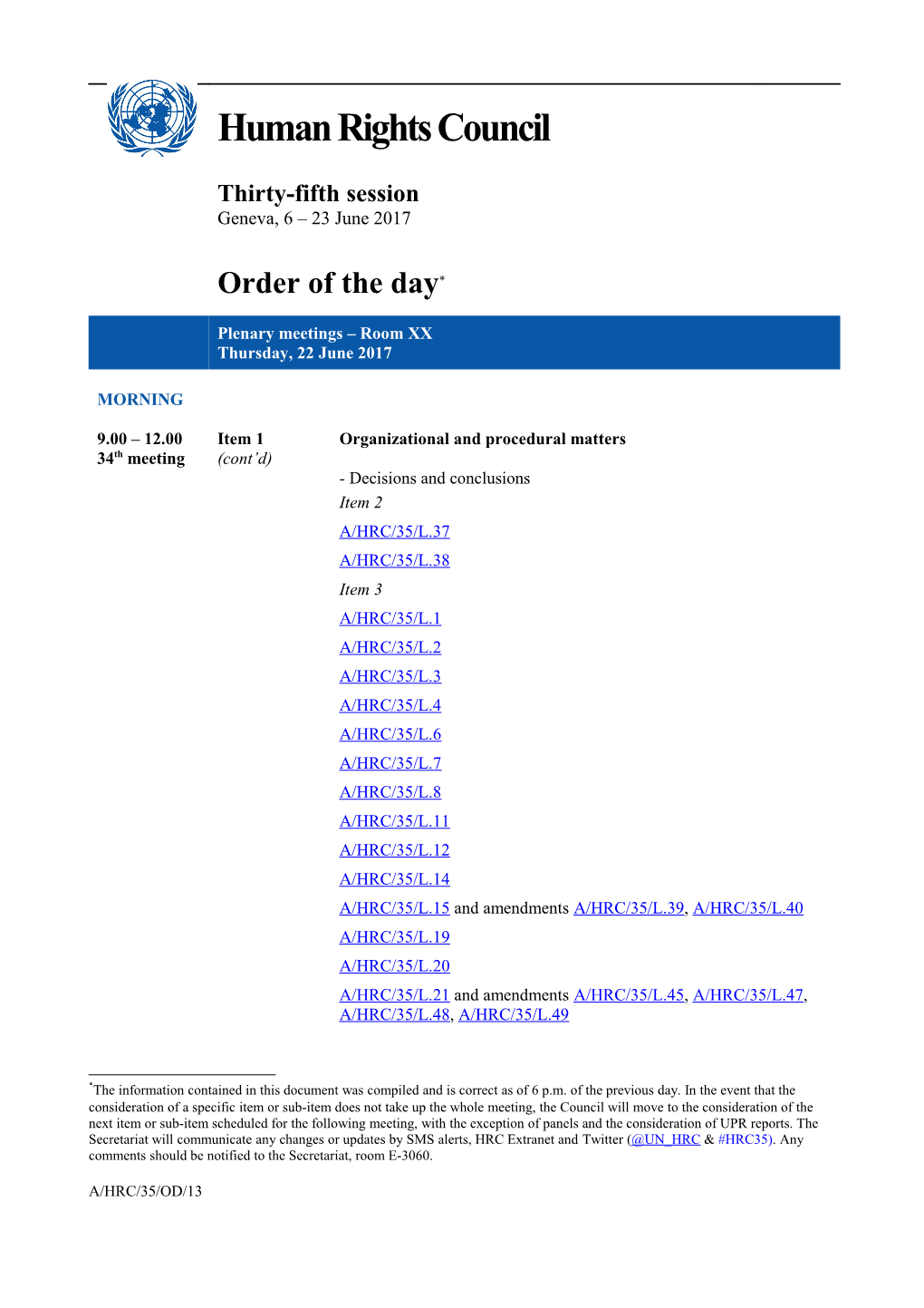 Order of the Day, Thursday 22 June 2017