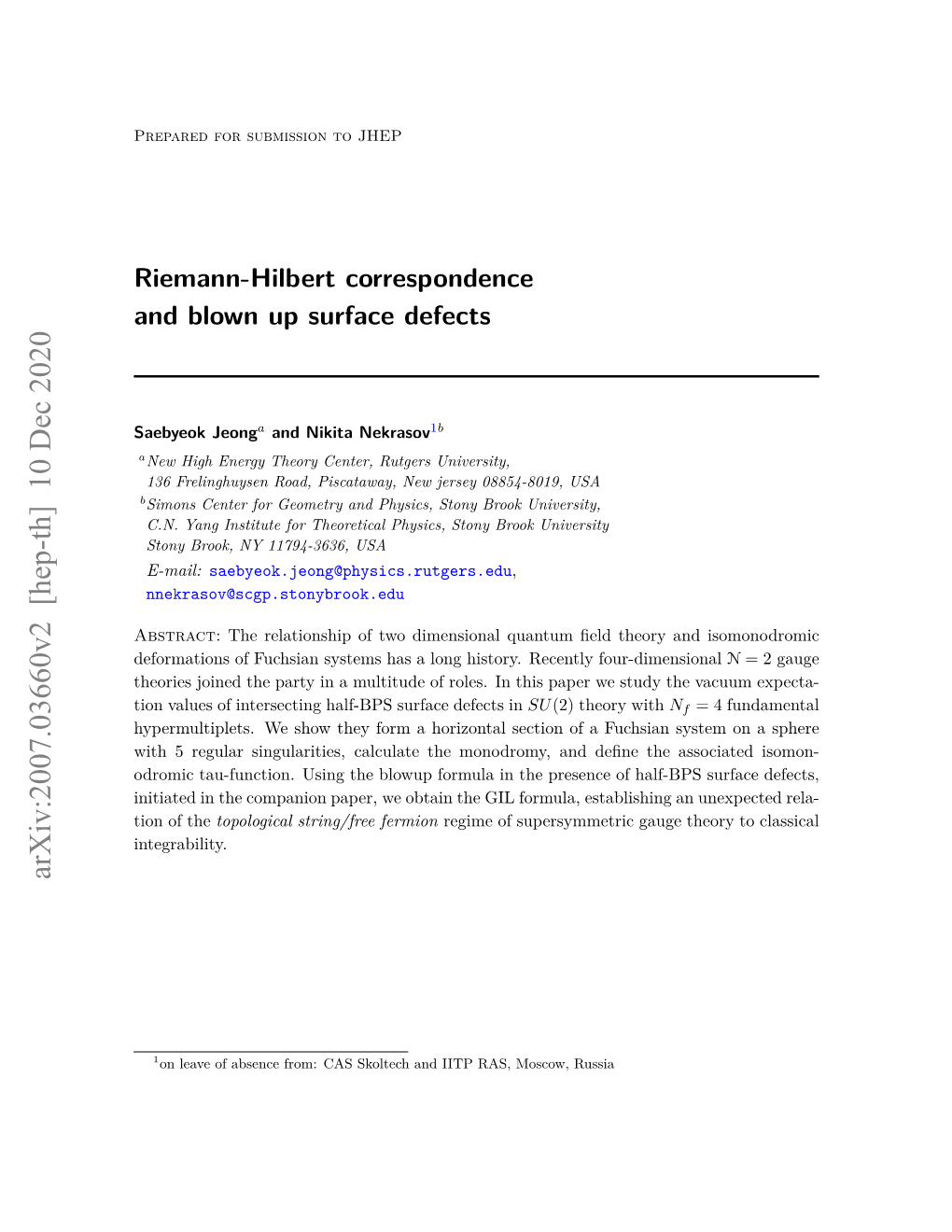 Riemann-Hilbert Correspondence and Blown up Surface Defects