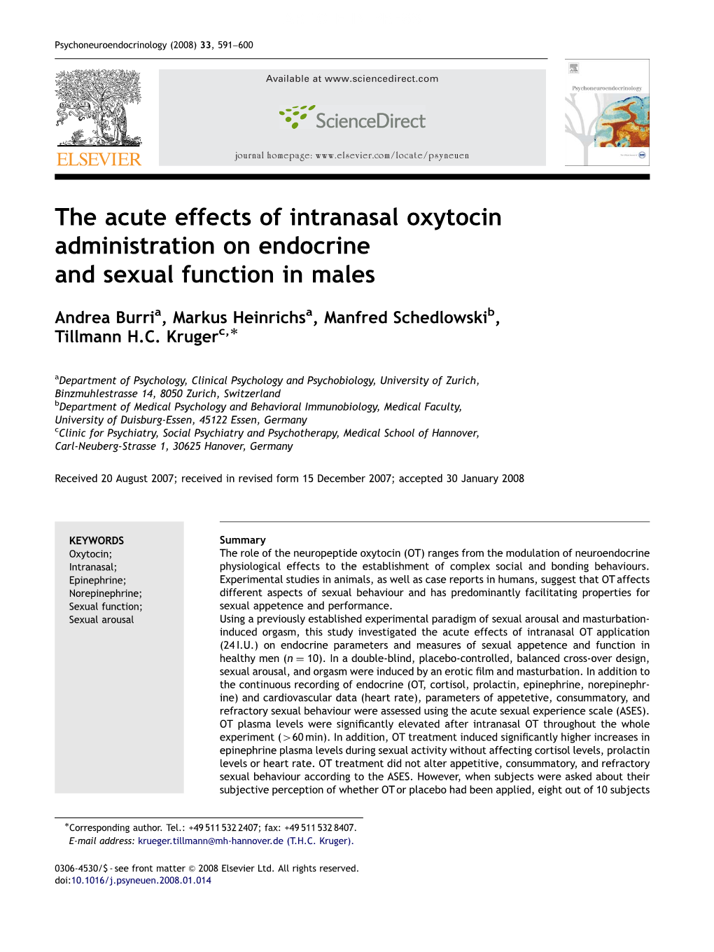 The Acute Effects of Intranasal Oxytocin Administration on Endocrine and Sexual Function in Males