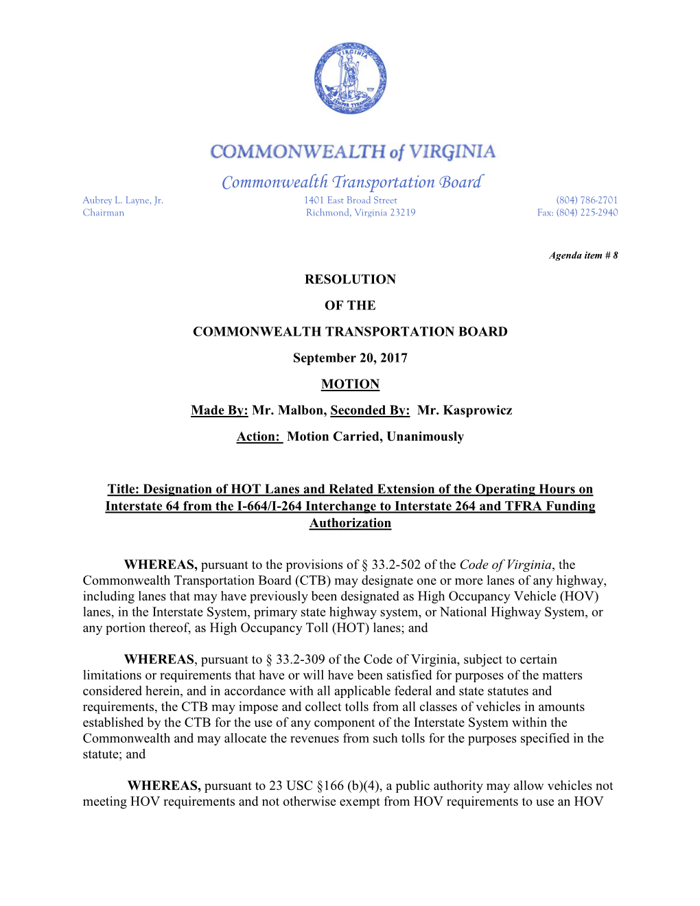 Designation of HOT Lanes and Related Extension of the Operating Hours on Interstate 64