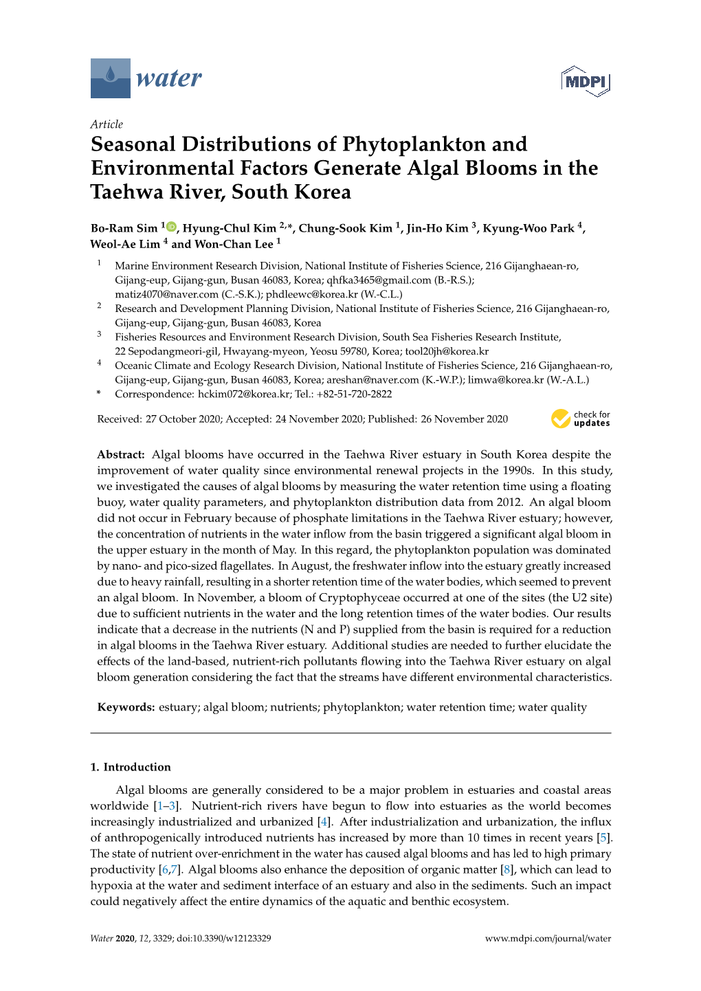 Seasonal Distributions of Phytoplankton and Environmental Factors Generate Algal Blooms in the Taehwa River, South Korea