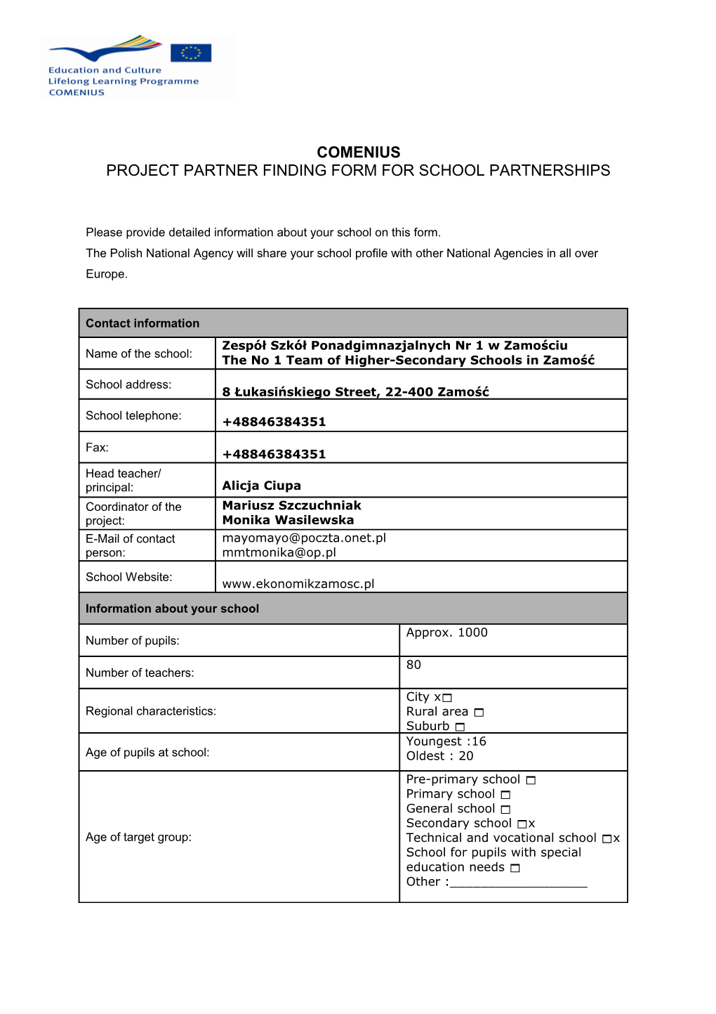 Project Partner Finding Form for School Partnerships