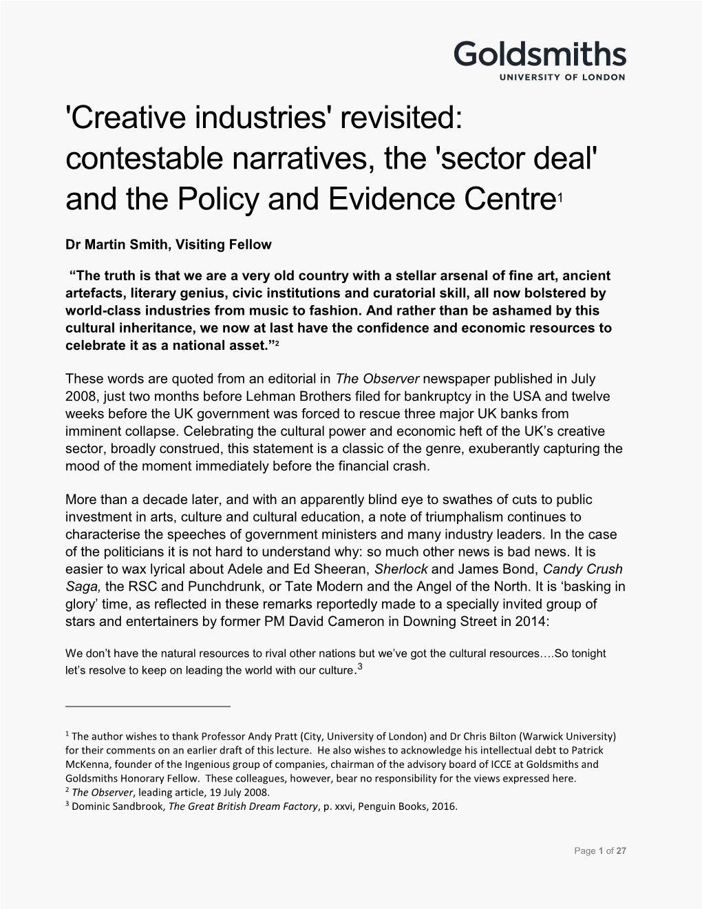 'Creative Industries' Revisited: Contestable Narratives, the 'Sector Deal' and the Policy and Evidence Centre1