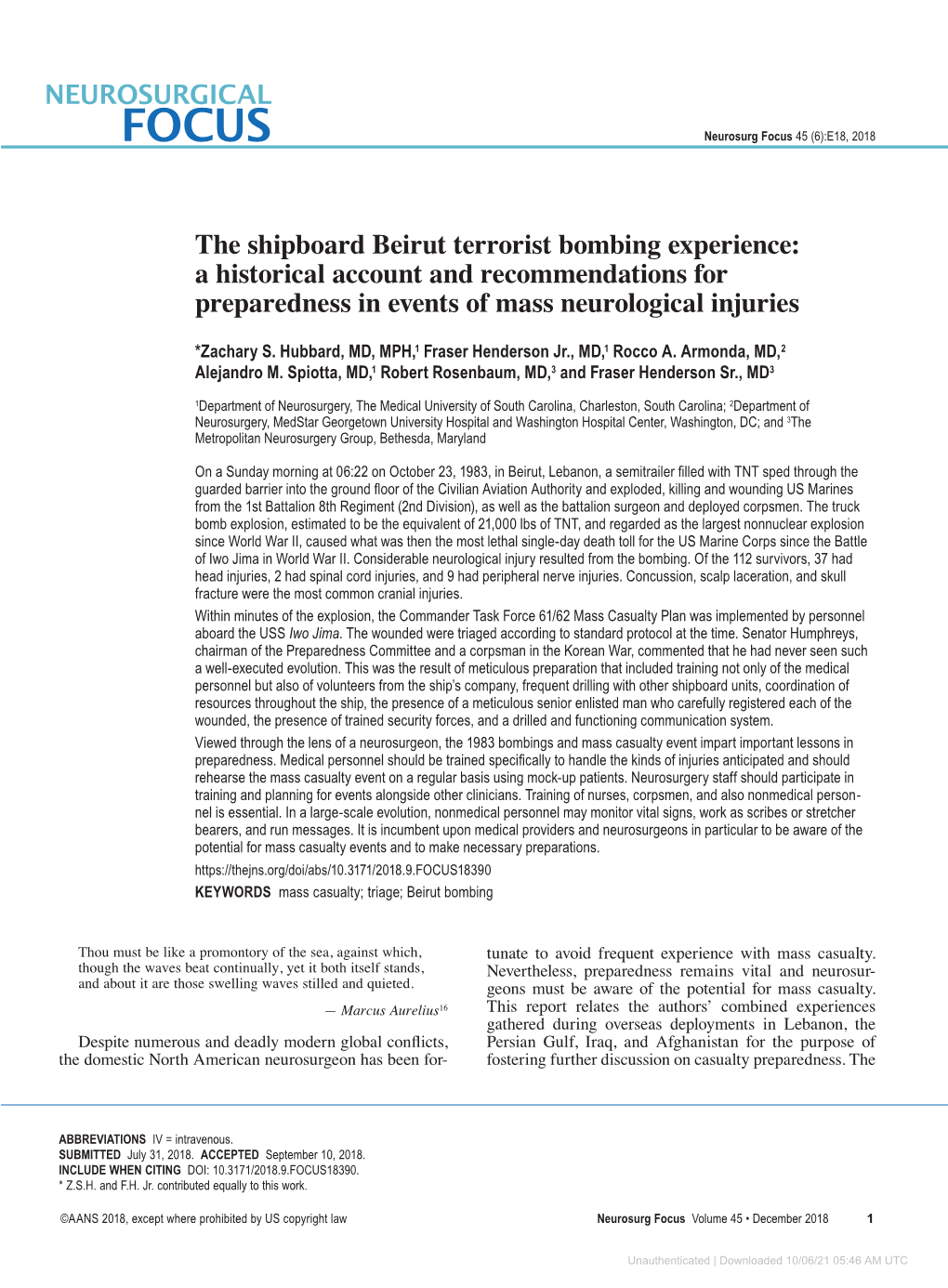 The Shipboard Beirut Terrorist Bombing Experience: a Historical Account and Recommendations for Preparedness in Events of Mass Neurological Injuries
