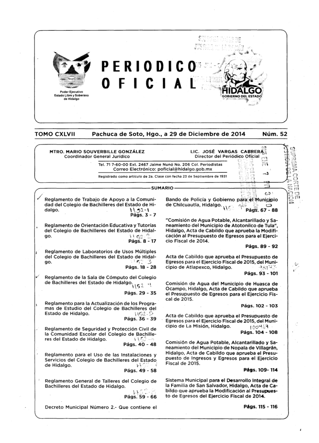 P E R I O O I E O:') OFICIAL Poder Ejecutivo Estado Libre Y Soberano De Hidalgo