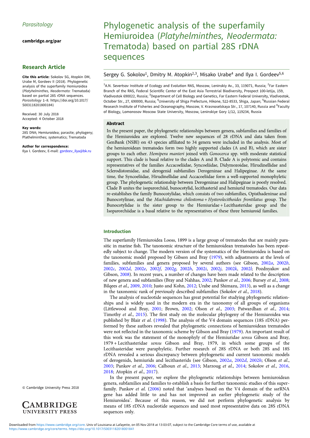 Phylogenetic Analysis of the Superfamily Hemiuroidea