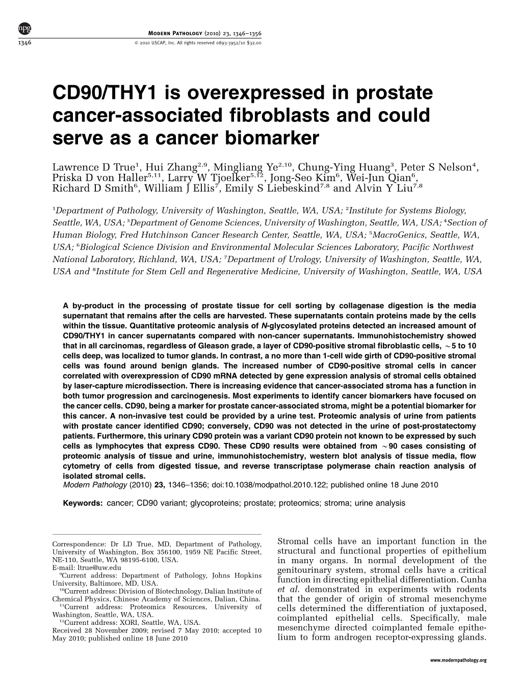 THY1 Is Overexpressed in Prostate Cancer-Associated Fibroblasts and Could Serve As a Cancer Biomarker