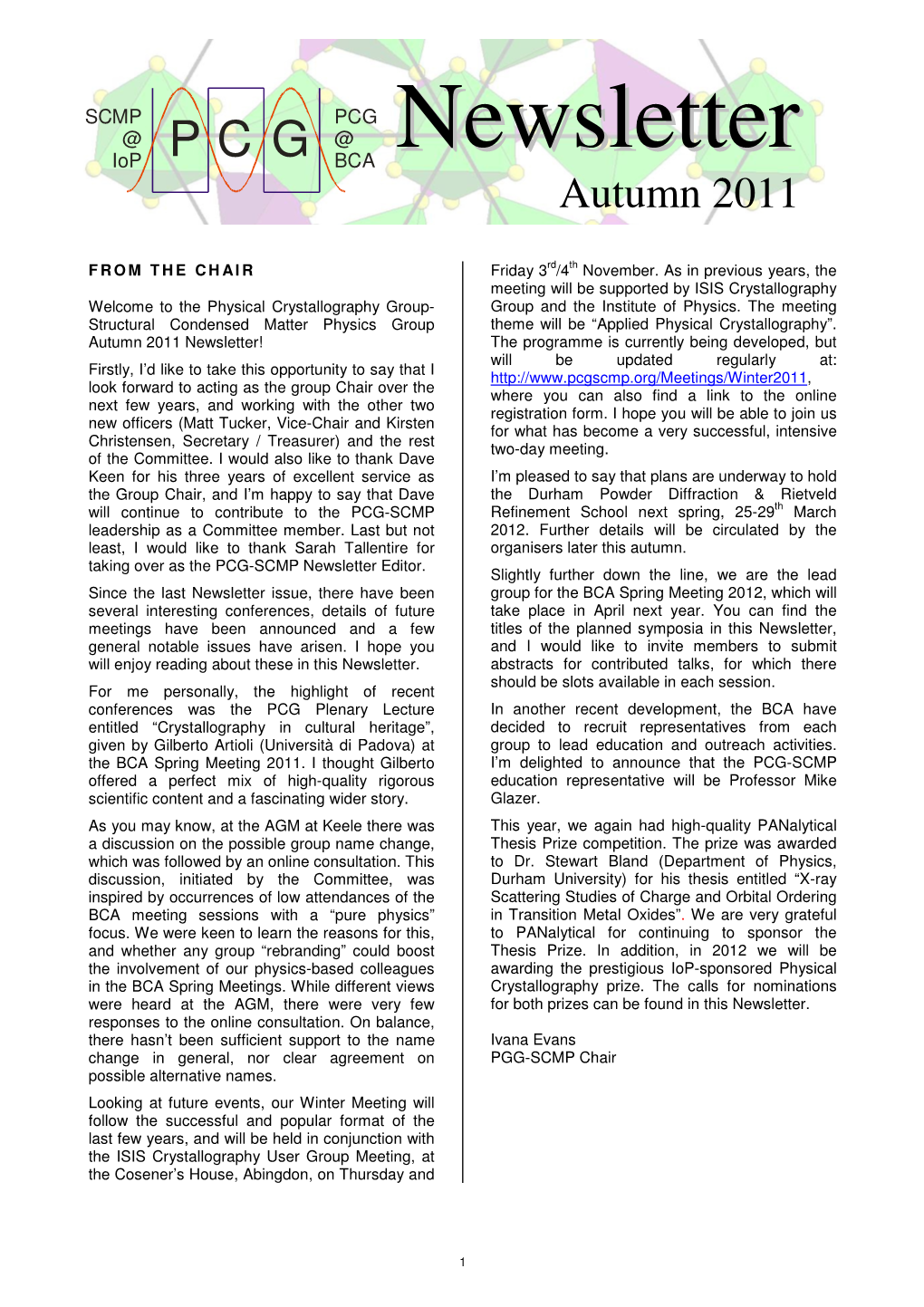 Newsletter @ @ Newsletter Iop PCG BCA Autumn 2011