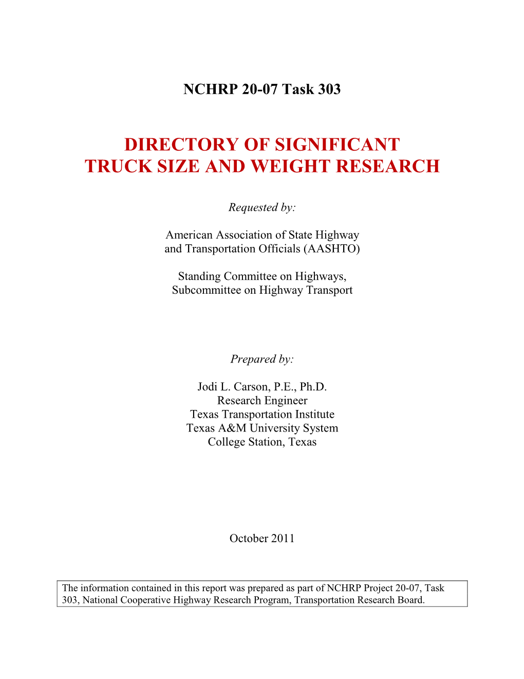 Directory of Significant Truck Size and Weight Research