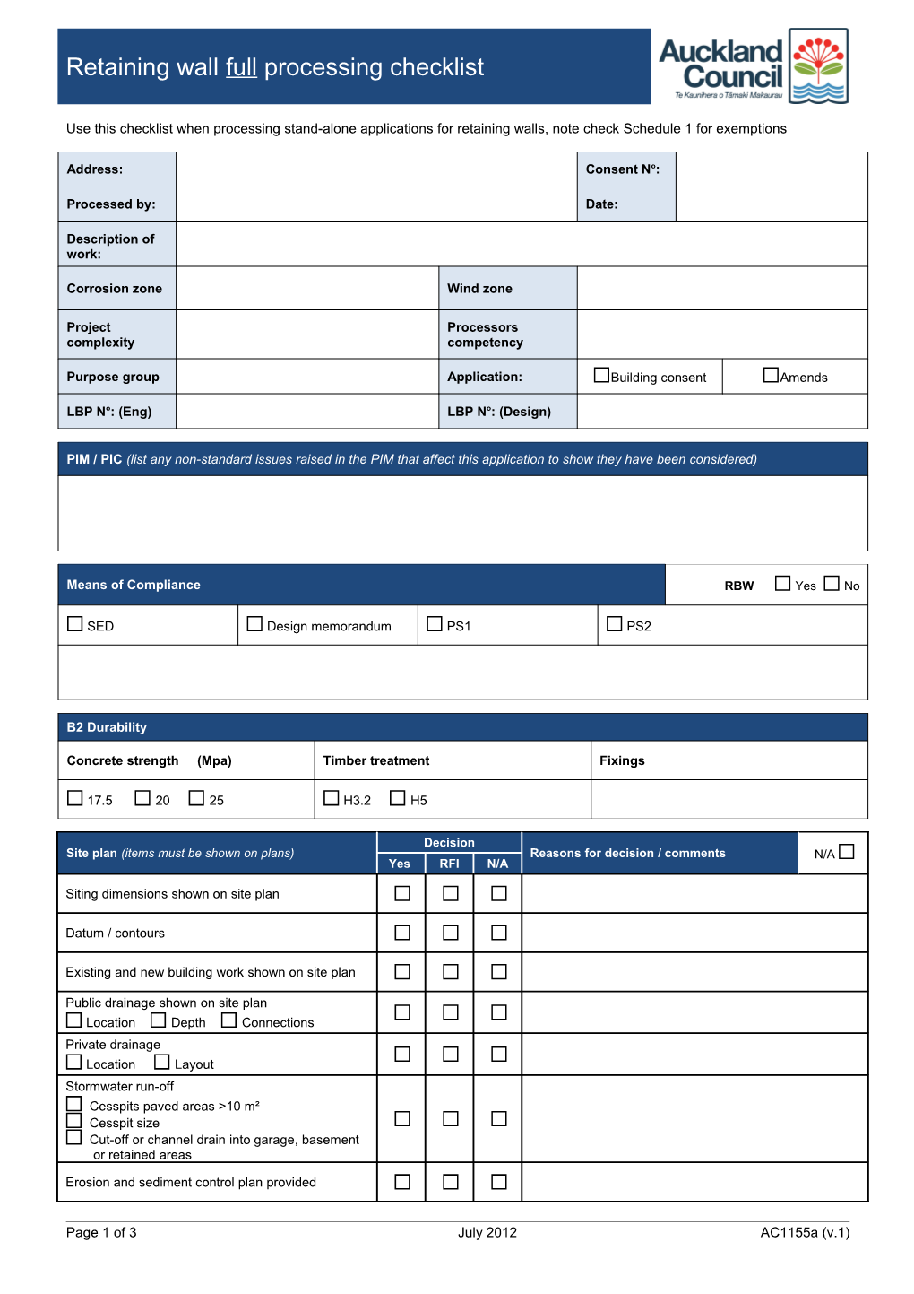 Ac1155a Retaining Wall Full Processing Checklist