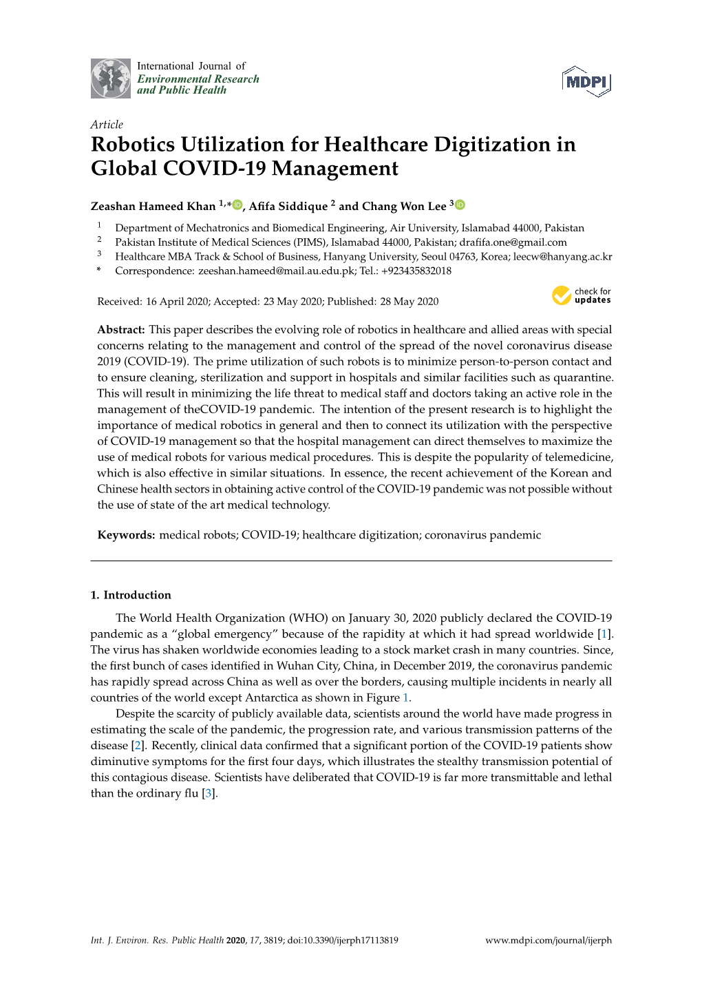 Robotics Utilization for Healthcare Digitization in Global COVID-19 Management