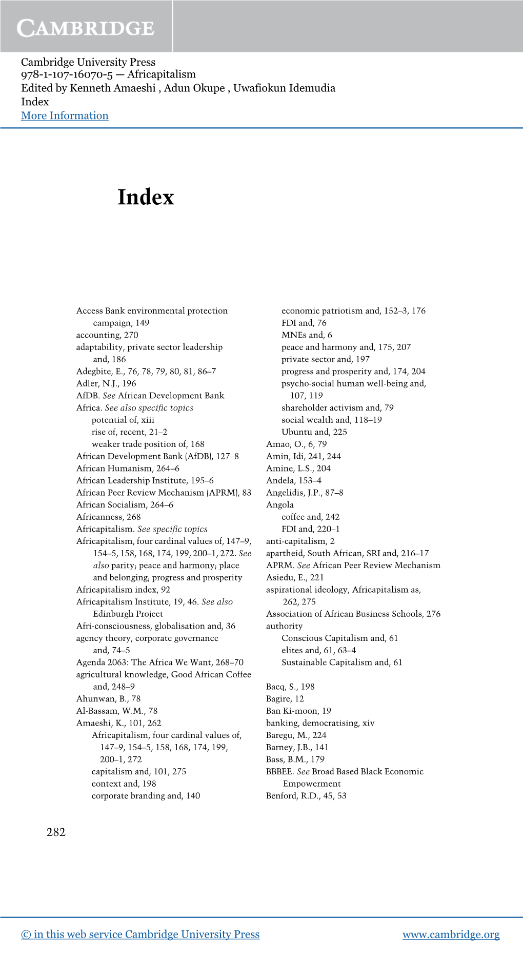 Cambridge University Press 978-1-107-16070-5 — Africapitalism Edited by Kenneth Amaeshi , Adun Okupe , Uwafiokun Idemudia Index More Information