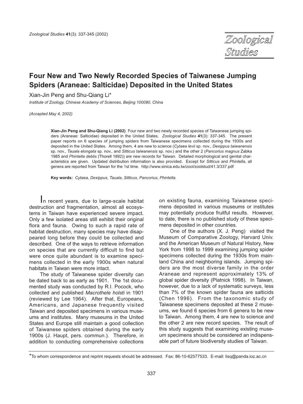 Araneae: Salticidae) Deposited in the United States Xian-Jin Peng and Shu-Qiang Li* Institute of Zoology, Chinese Academy of Sciences, Beijing 100080, China