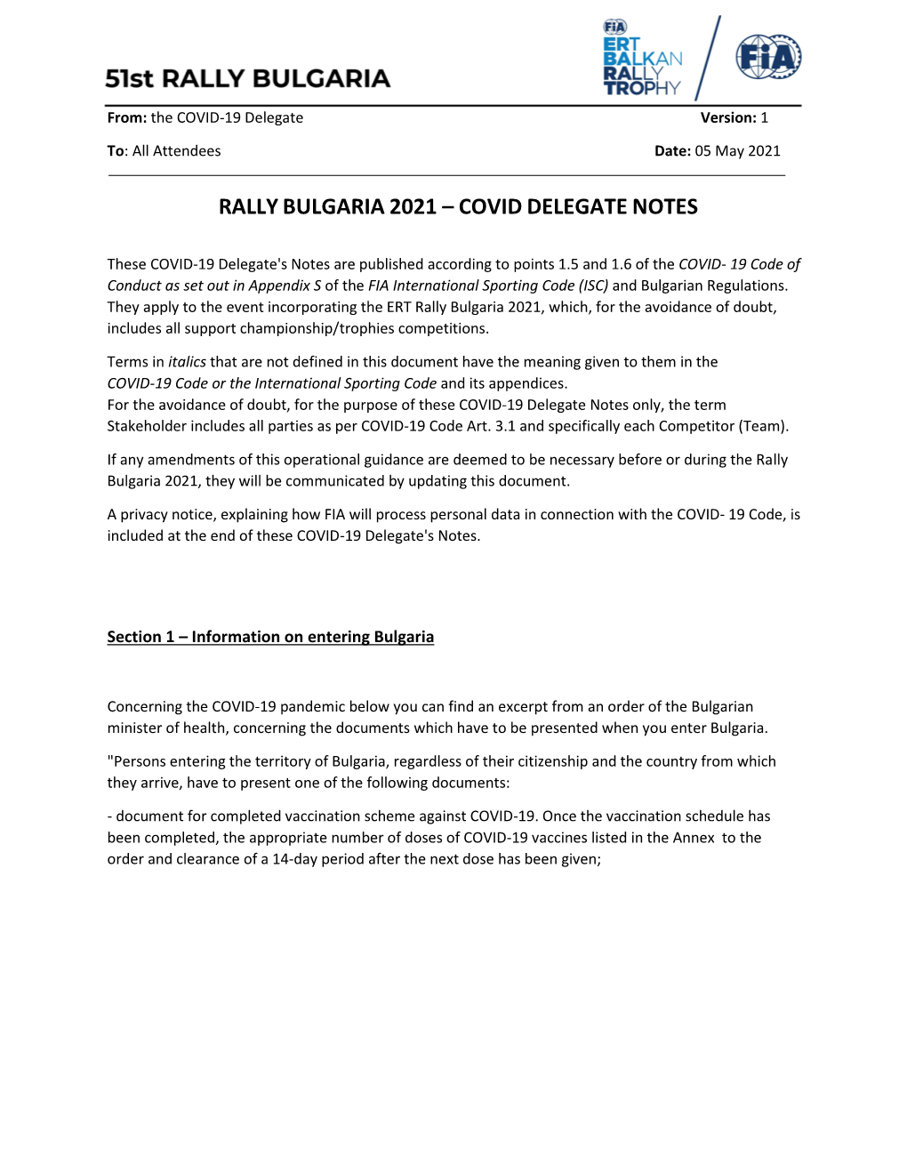 Rally Bulgaria 2021 – Covid Delegate Notes