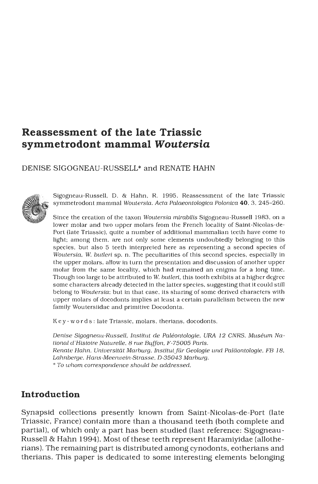 Reassessment of the Late Triassic Symmetrodont Mammal Woutersia