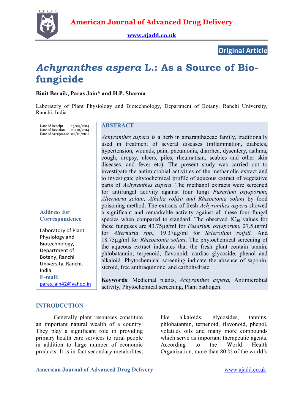 Achyranthes Aspera L.: As a Source of Bio- Fungicide Binit Baraik, Paras Jain* and H.P