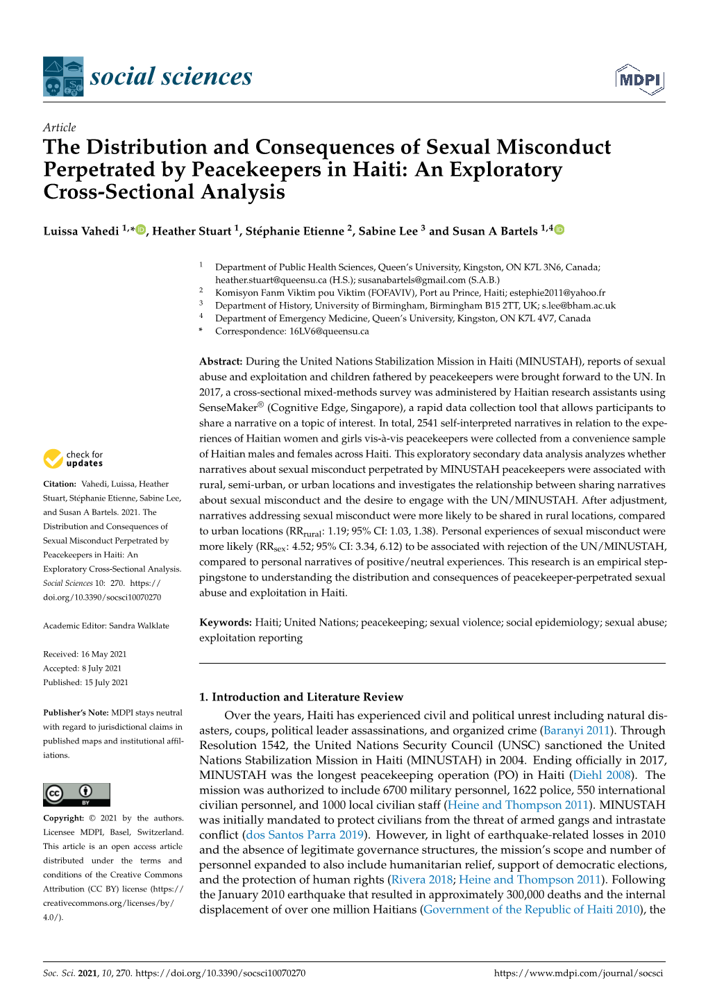 The Distribution and Consequences of Sexual Misconduct Perpetrated by Peacekeepers in Haiti: an Exploratory Cross-Sectional Analysis
