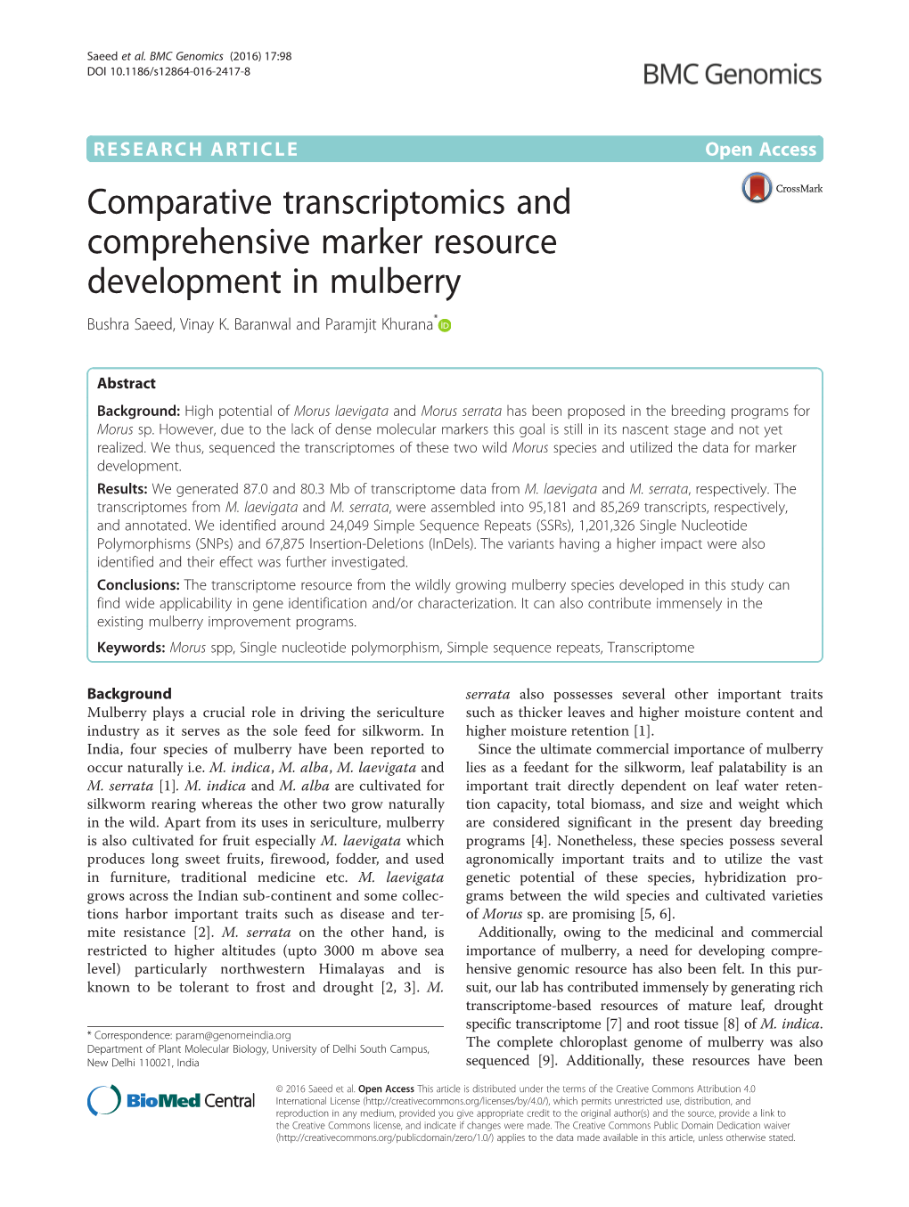 Comparative Transcriptomics and Comprehensive Marker Resource Development in Mulberry Bushra Saeed, Vinay K