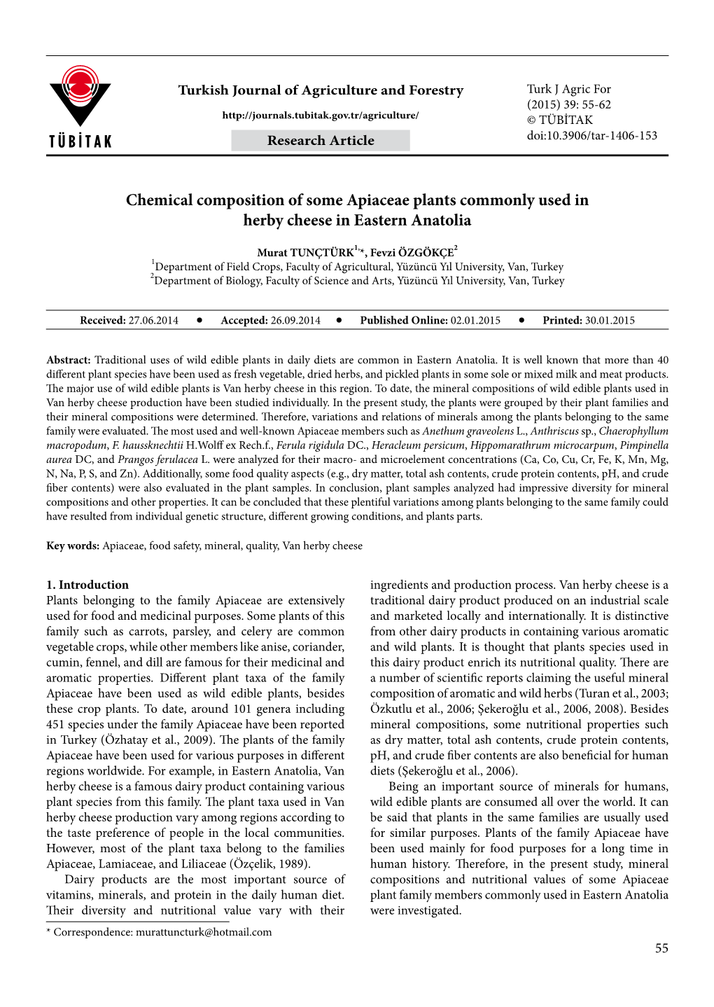 Chemical Composition of Some Apiaceae Plants Commonly Used in Herby Cheese in Eastern Anatolia