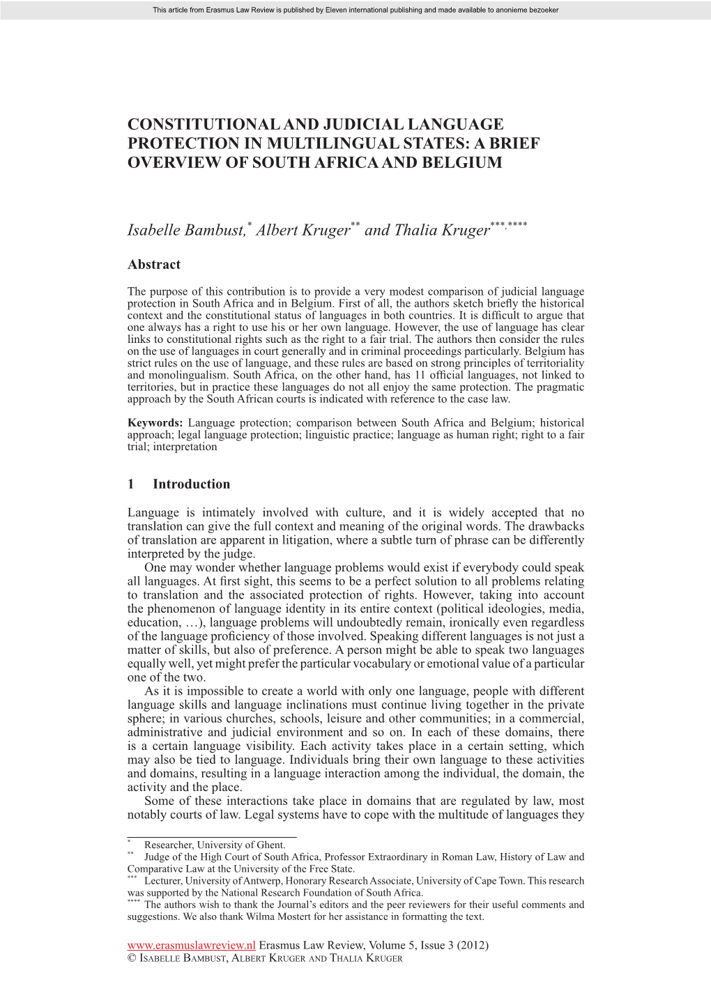 Constitutional and Judicial Language Protection in Multilingual States: a Brief Overview of South Africa and Belgium