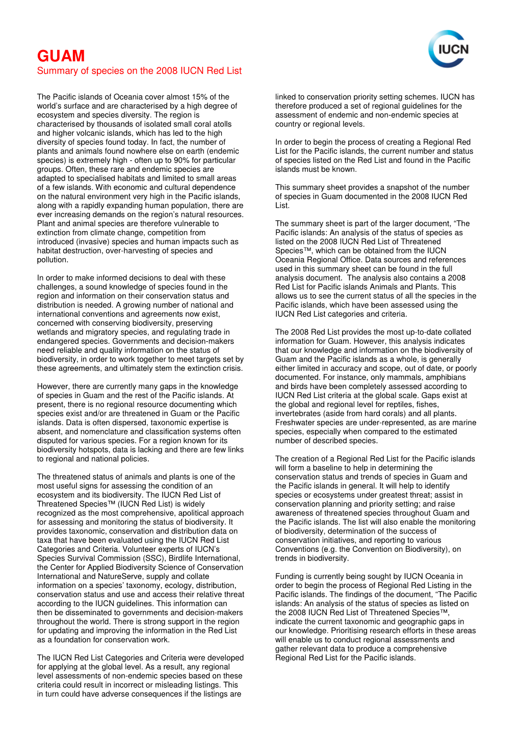 Summary of Species on the 2008 IUCN Red List